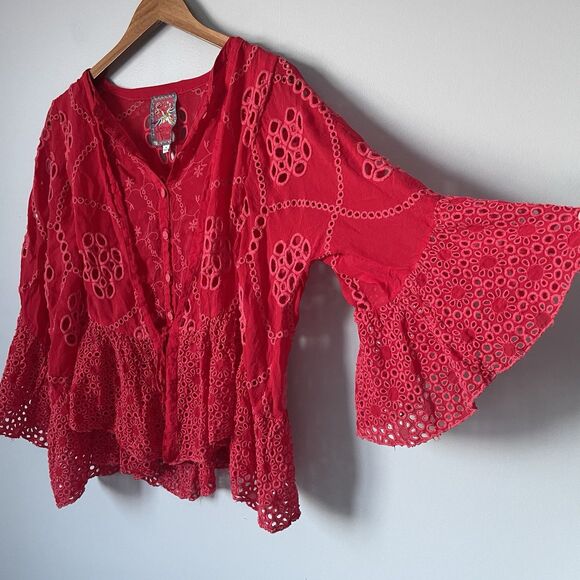 Johnny Was Xanthos Rae Blouse Red Embroidered Flowy Button Up Women's Medium - Picture 5 of 11